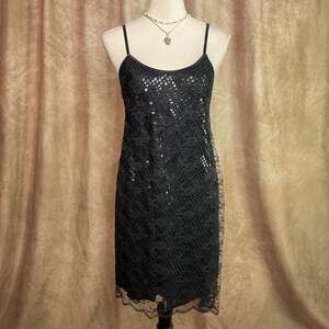 Y2K Sequined Dress Mini Sleeveless Shift Floral Lace Mesh Black Indie Euro Goth